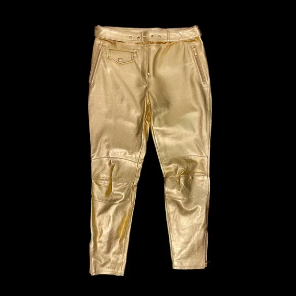 H&Moschino Gold Calf Leather Women's Pants Rare COLLAB - Picture 3 of 16
